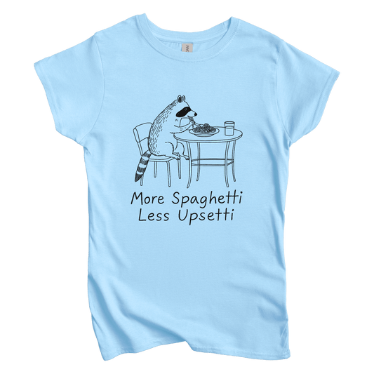 T-Shirt S / Light Blue Women's Tee More Spaghetti Less Upsetti Racoon